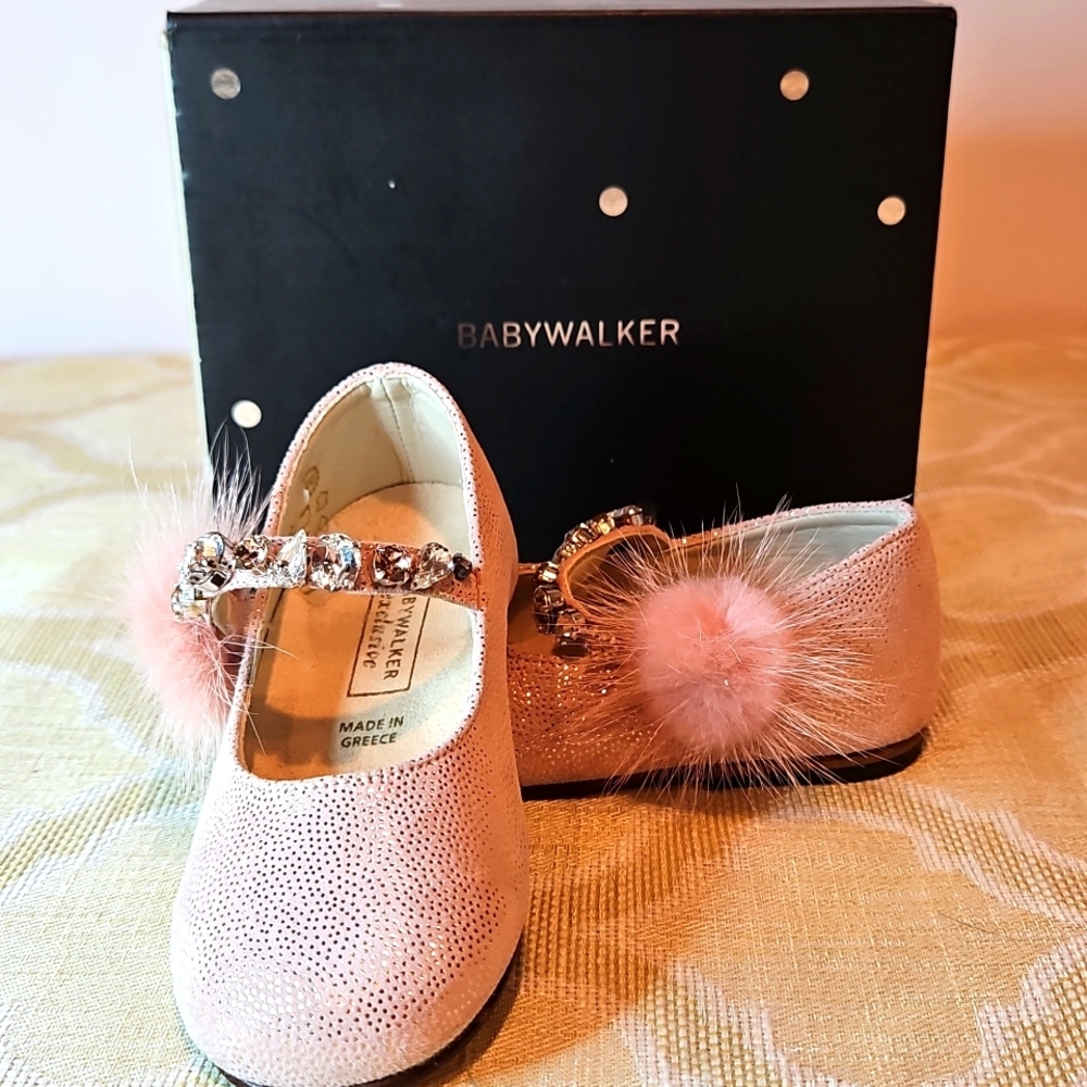 Babywalker Dusty Pink Leather Fur Jewel Baby Shoes NWT & box Greece 21 US 18-24m